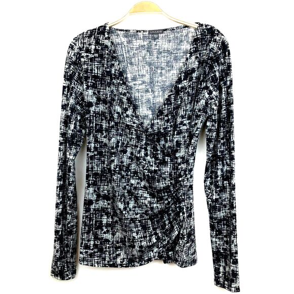 LILLA P Small Grey Black White V-Neck Wrap Ruched Fit & Flare Top - Picture 4 of 11